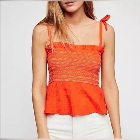Free People Orange Smocked Tie Straps Tank Top Size XS - Picture 1 of 7